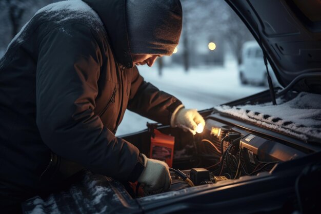 man fixing car while holding a light