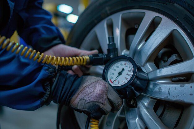mechanic checking air pressure in a tire